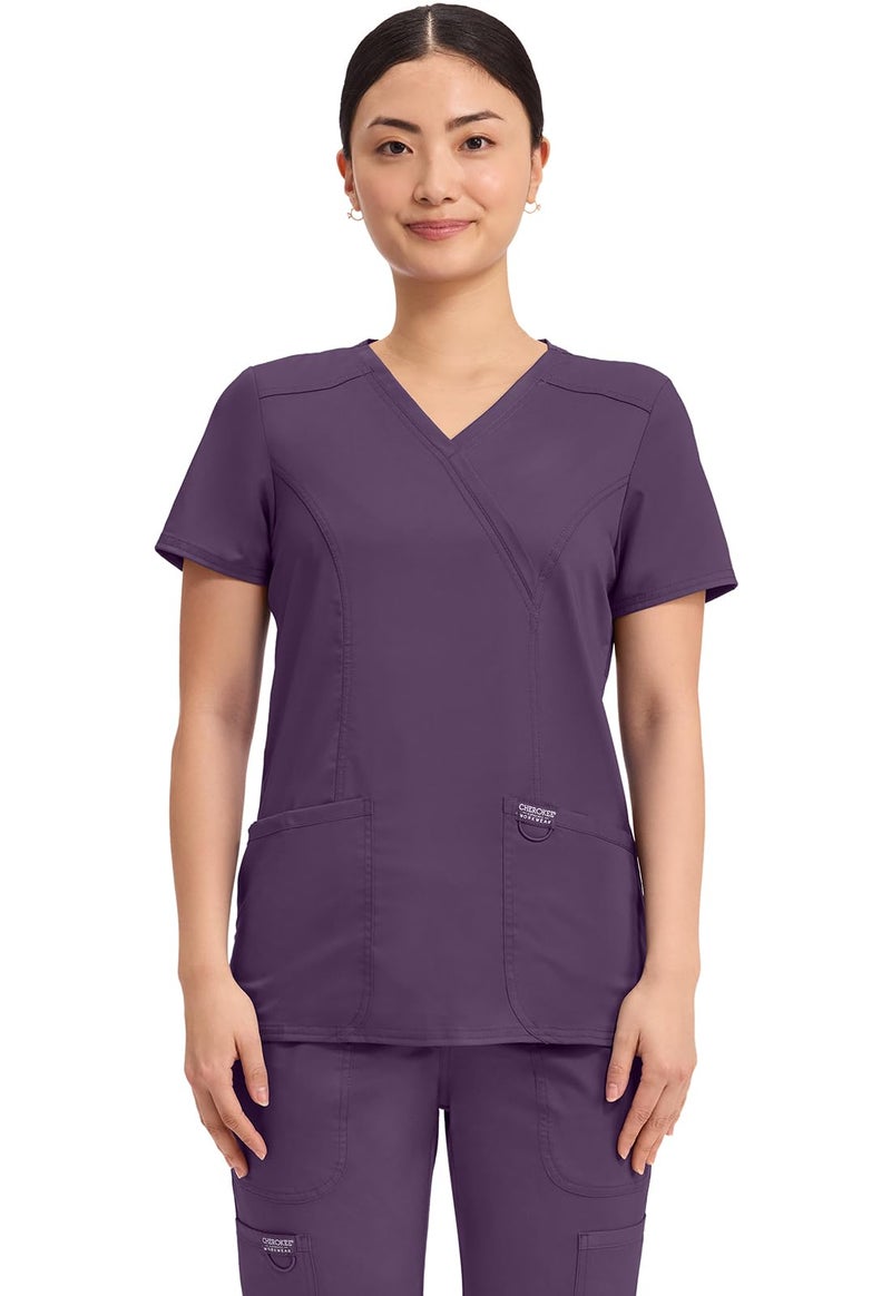 Cherokee Scrubs Top for Women Mock Wrap with 3 Pockets, Soft, 2-Way Stretch & Durable Fabric - WW610, XS, Eggplant - Image 1